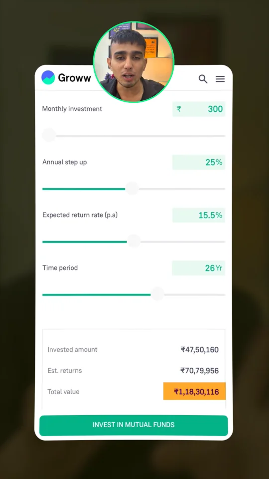 Investment calculator interface displayed beside a finance presenter in a vertical video